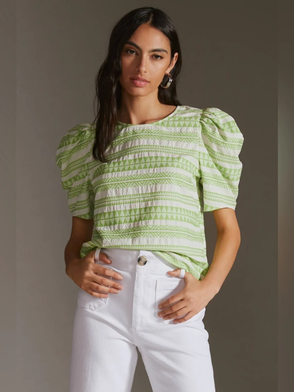 Anthropologie Amadi Puff Sleeve Top in Green and White Womens Small